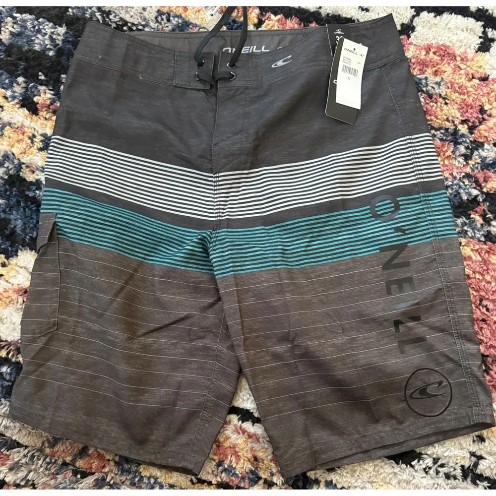 ONeill Santa Cruz Printed 2.0 Board Shorts Mens 33 Charcoal Teal Striped New